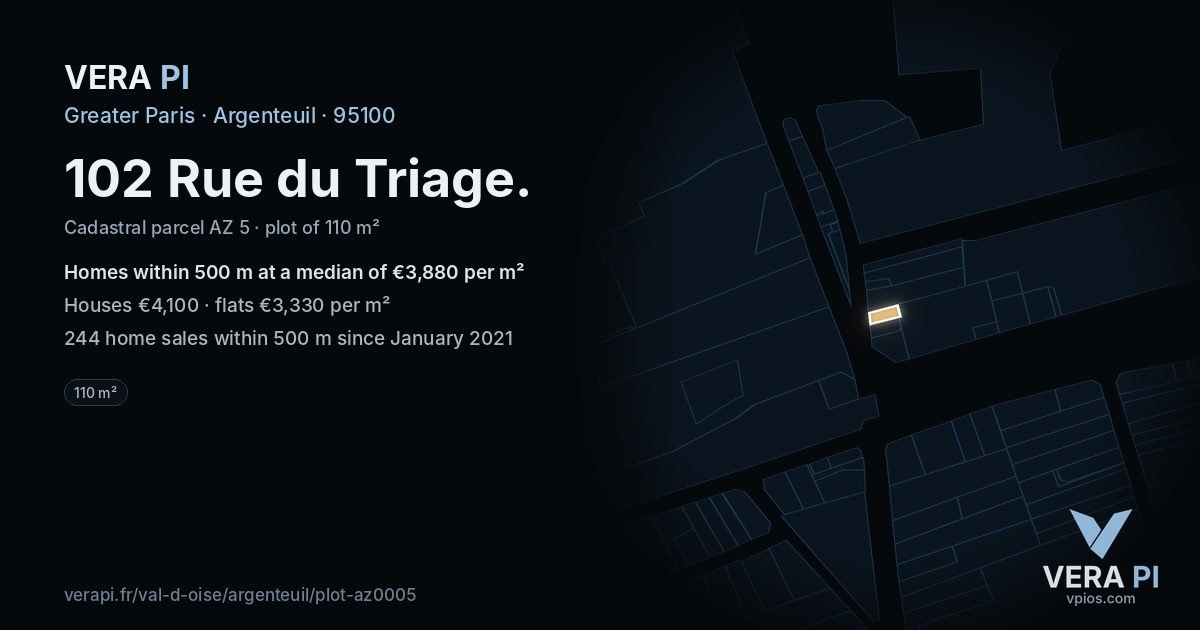 102 Rue du Triage, Argenteuil at night – the plot lit, the parcels around coloured by the prices near them