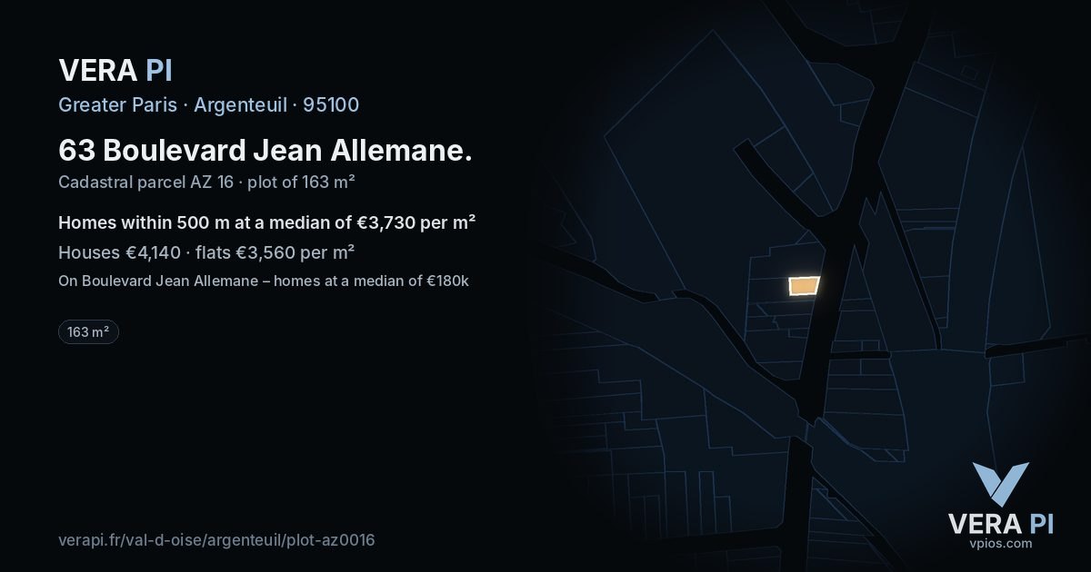 63 Boulevard Jean Allemane, Argenteuil at night – the plot lit, the parcels around coloured by the prices near them
