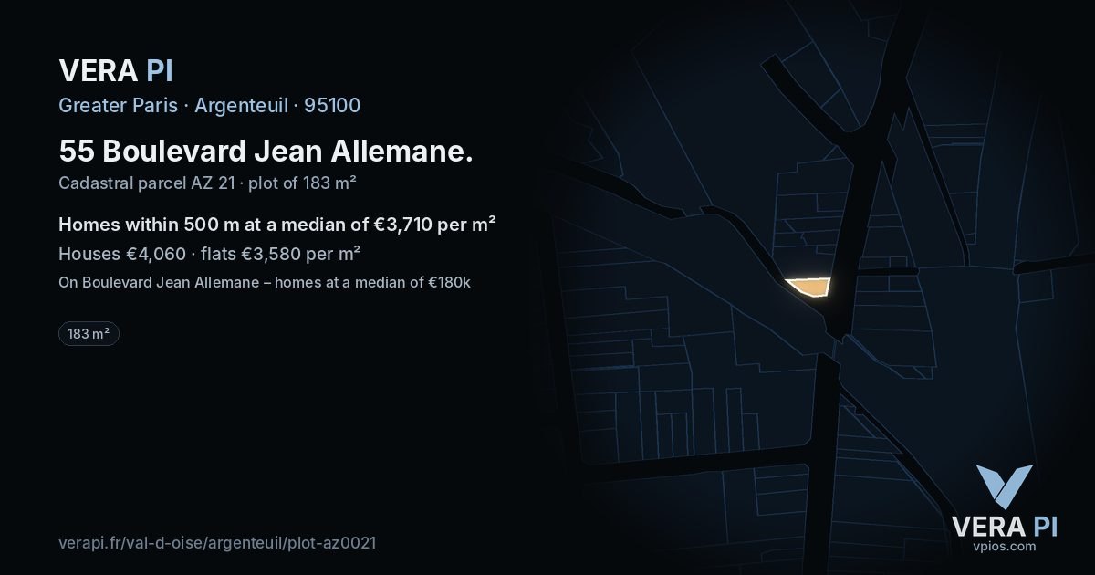 55 Boulevard Jean Allemane, Argenteuil at night – the plot lit, the parcels around coloured by the prices near them