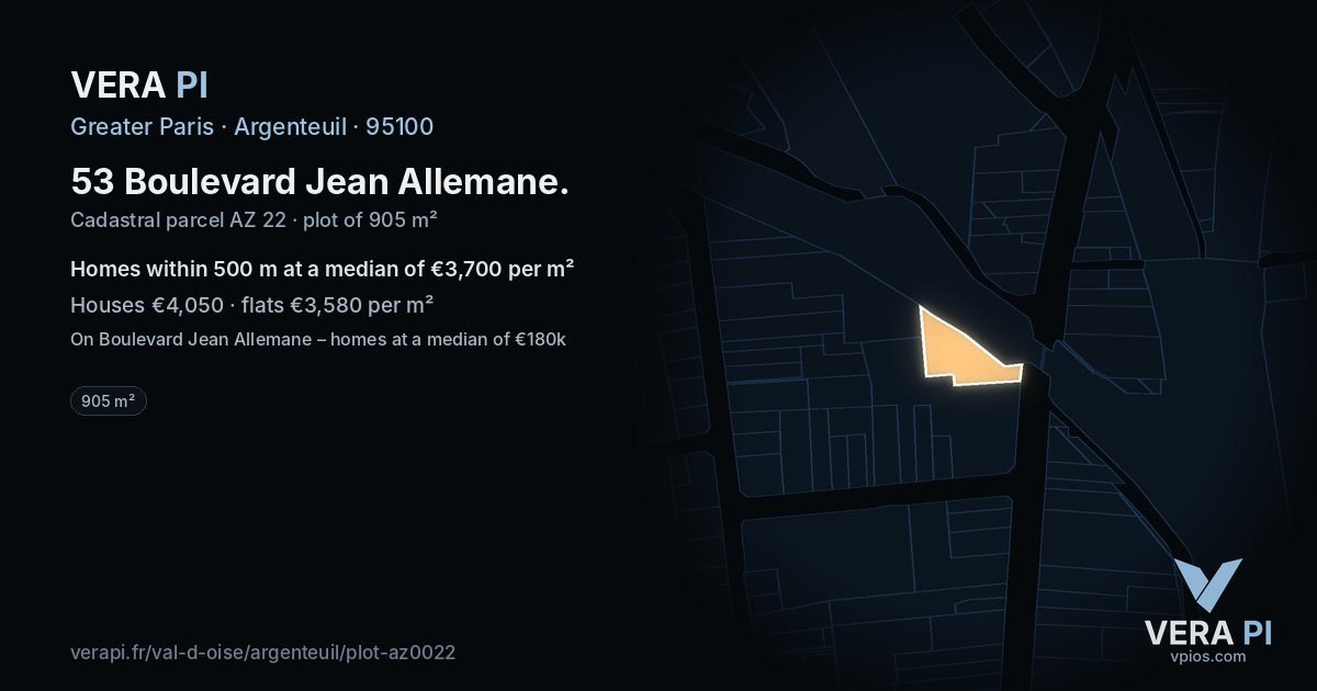53 Boulevard Jean Allemane, Argenteuil at night – the plot lit, the parcels around coloured by the prices near them