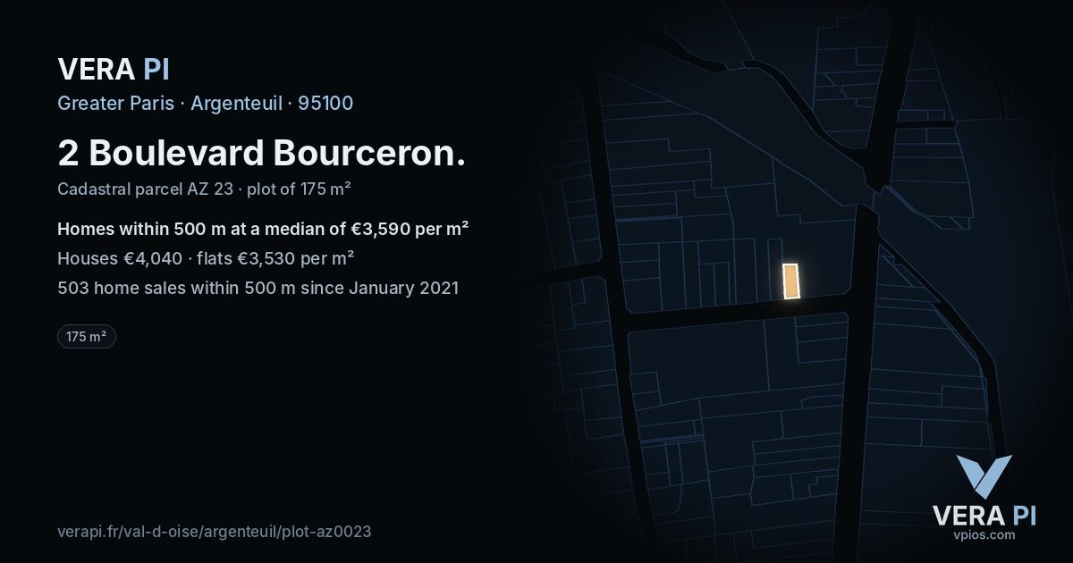 2 Boulevard Bourceron, Argenteuil at night – the plot lit, the parcels around coloured by the prices near them