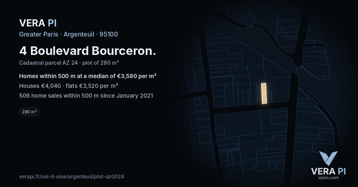4 Boulevard Bourceron, Argenteuil at night – the plot lit, the parcels around coloured by the prices near them