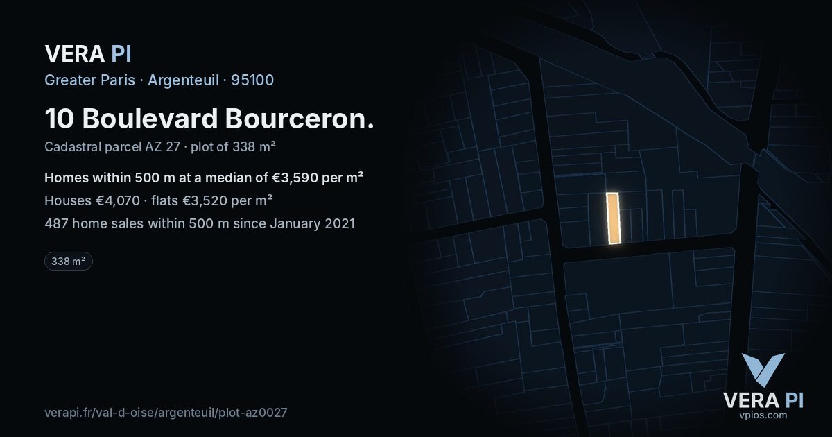 10 Boulevard Bourceron, Argenteuil at night – the plot lit, the parcels around coloured by the prices near them