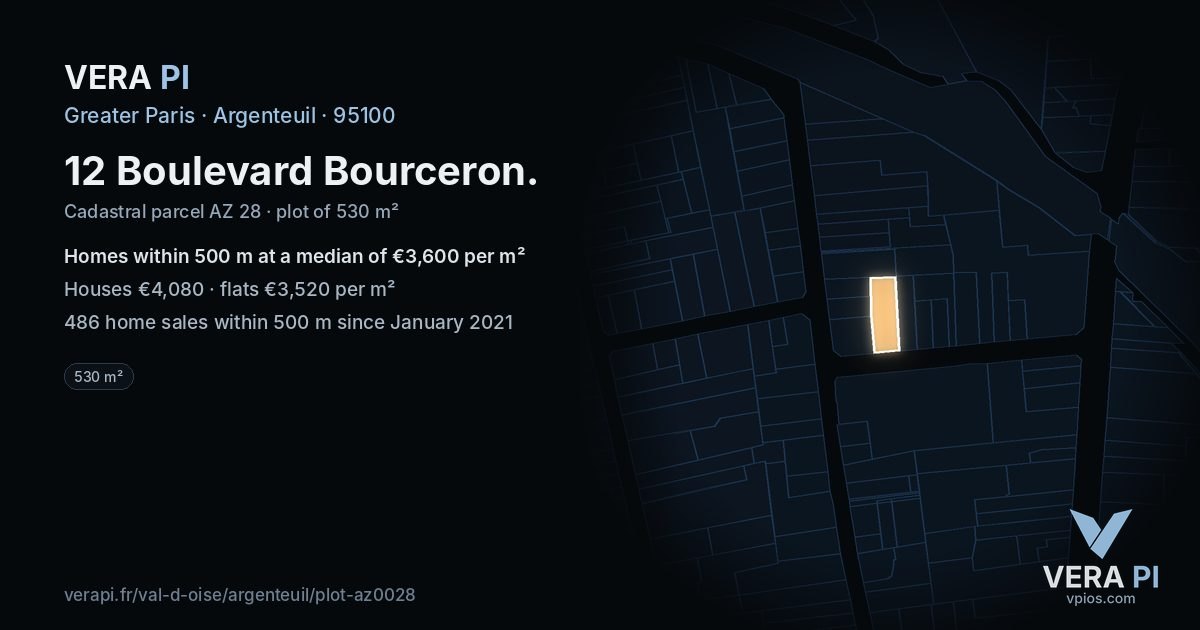 12 Boulevard Bourceron, Argenteuil at night – the plot lit, the parcels around coloured by the prices near them