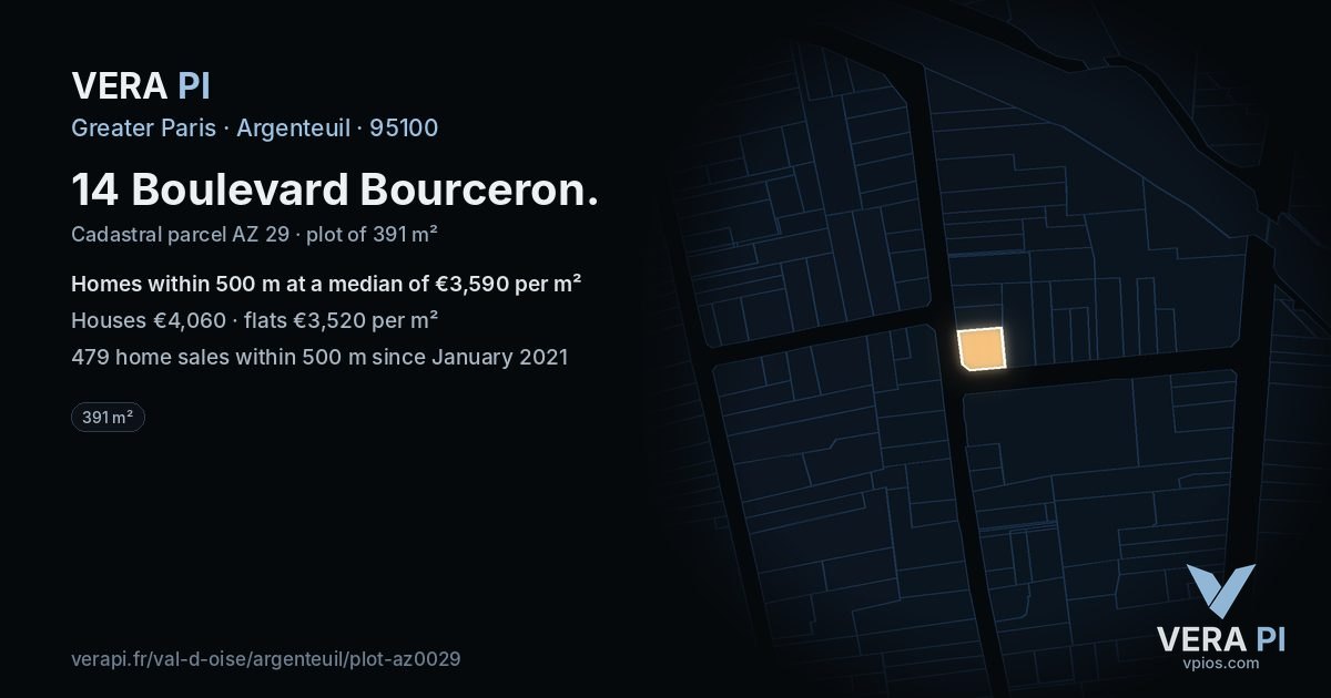 14 Boulevard Bourceron, Argenteuil at night – the plot lit, the parcels around coloured by the prices near them