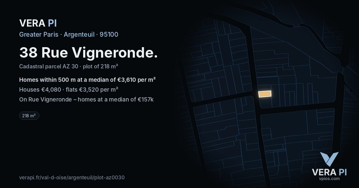 38 Rue Vigneronde, Argenteuil at night – the plot lit, the parcels around coloured by the prices near them