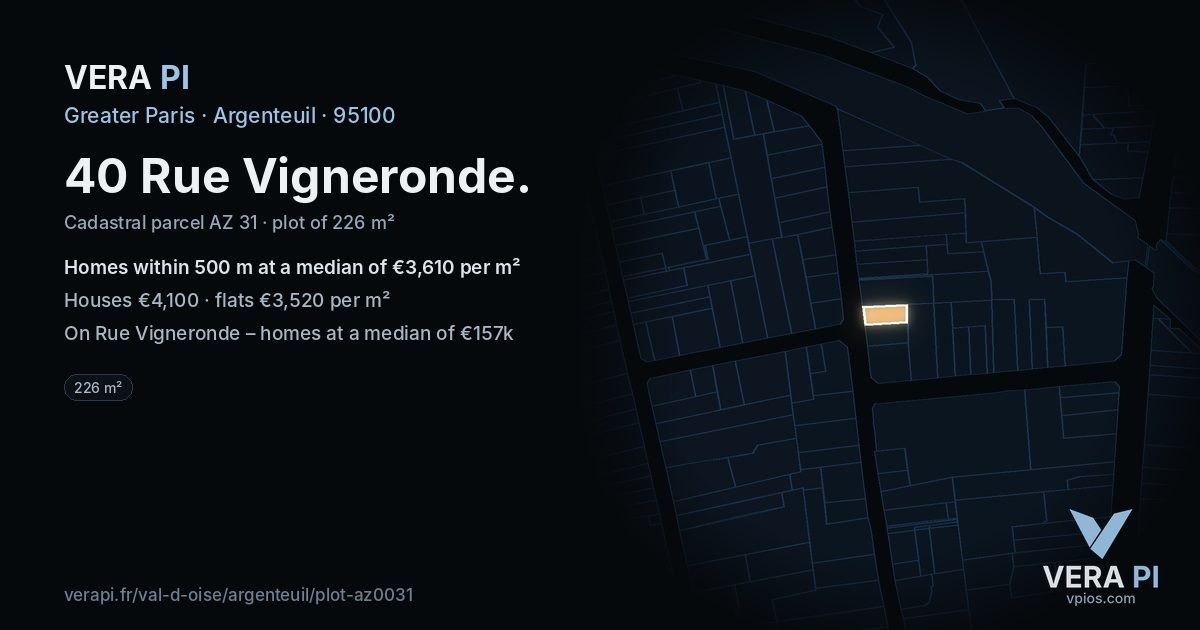 40 Rue Vigneronde, Argenteuil at night – the plot lit, the parcels around coloured by the prices near them