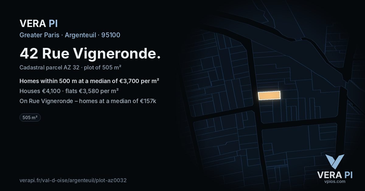 42 Rue Vigneronde, Argenteuil at night – the plot lit, the parcels around coloured by the prices near them