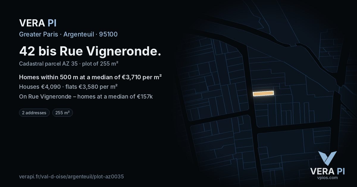 42 bis Rue Vigneronde, Argenteuil at night – the plot lit, the parcels around coloured by the prices near them