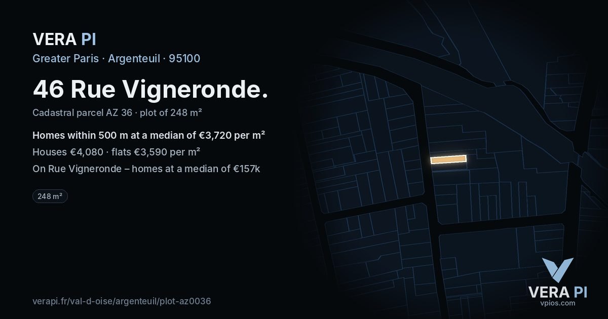 46 Rue Vigneronde, Argenteuil at night – the plot lit, the parcels around coloured by the prices near them