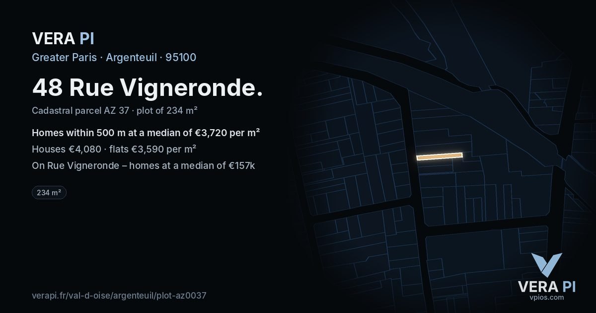 48 Rue Vigneronde, Argenteuil at night – the plot lit, the parcels around coloured by the prices near them