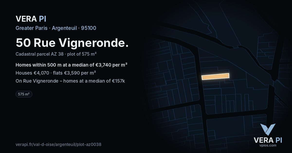 50 Rue Vigneronde, Argenteuil at night – the plot lit, the parcels around coloured by the prices near them