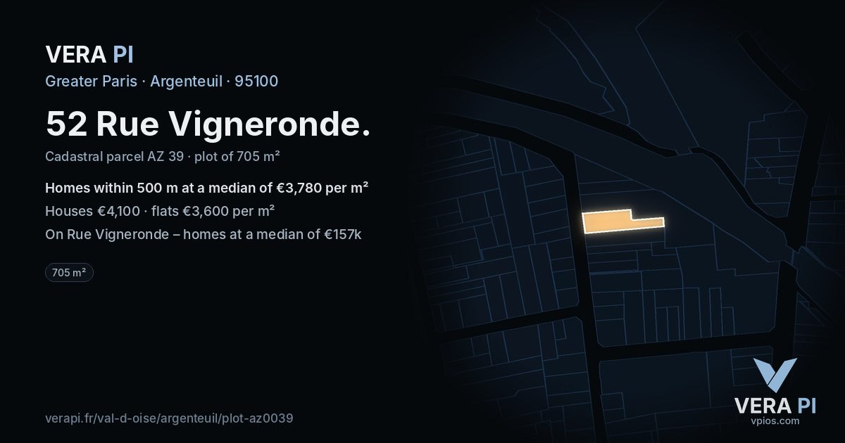 52 Rue Vigneronde, Argenteuil at night – the plot lit, the parcels around coloured by the prices near them