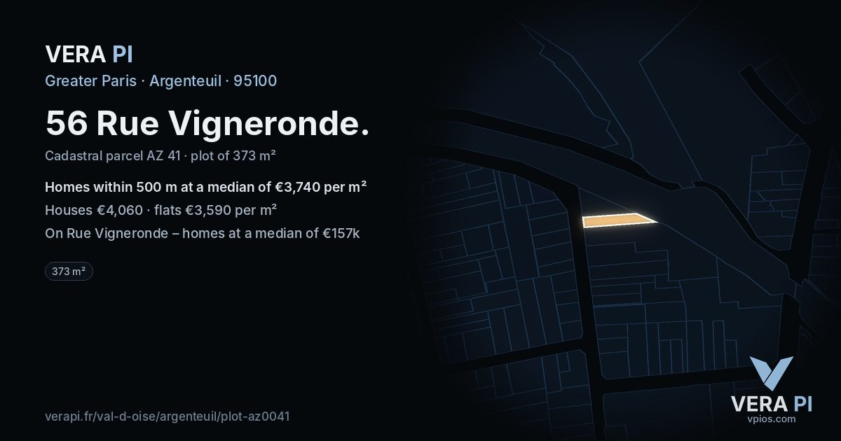 56 Rue Vigneronde, Argenteuil at night – the plot lit, the parcels around coloured by the prices near them