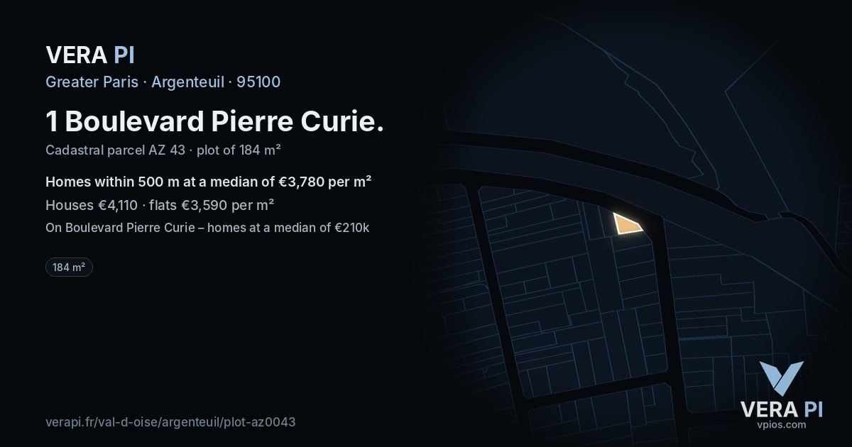 1 Boulevard Pierre Curie, Argenteuil at night – the plot lit, the parcels around coloured by the prices near them
