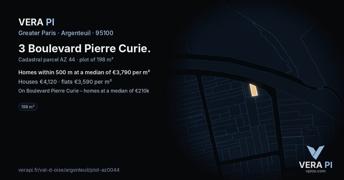 3 Boulevard Pierre Curie, Argenteuil at night – the plot lit, the parcels around coloured by the prices near them
