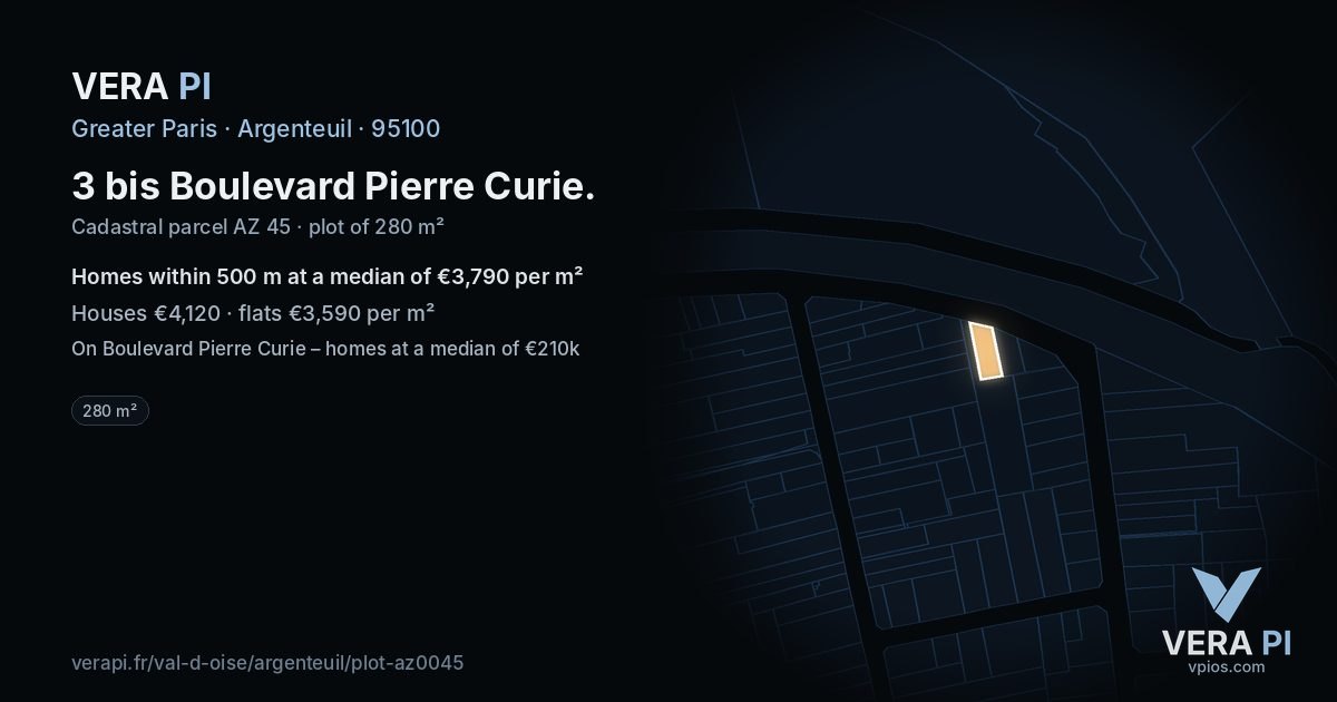3 bis Boulevard Pierre Curie, Argenteuil at night – the plot lit, the parcels around coloured by the prices near them