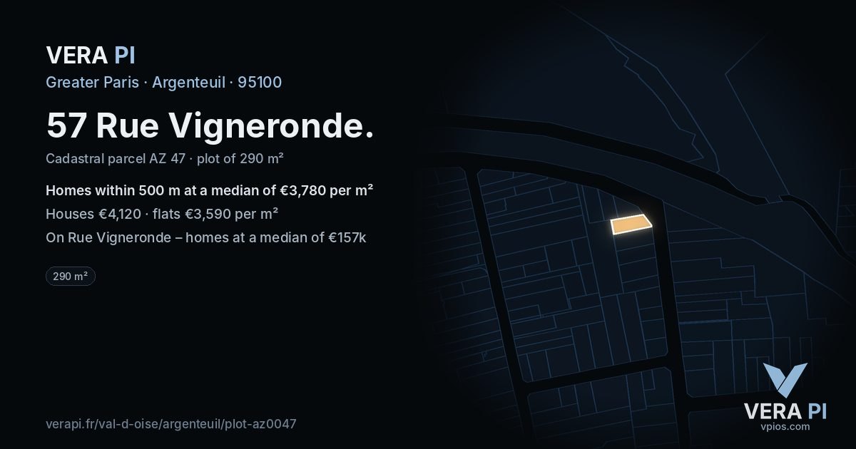 57 Rue Vigneronde, Argenteuil at night – the plot lit, the parcels around coloured by the prices near them