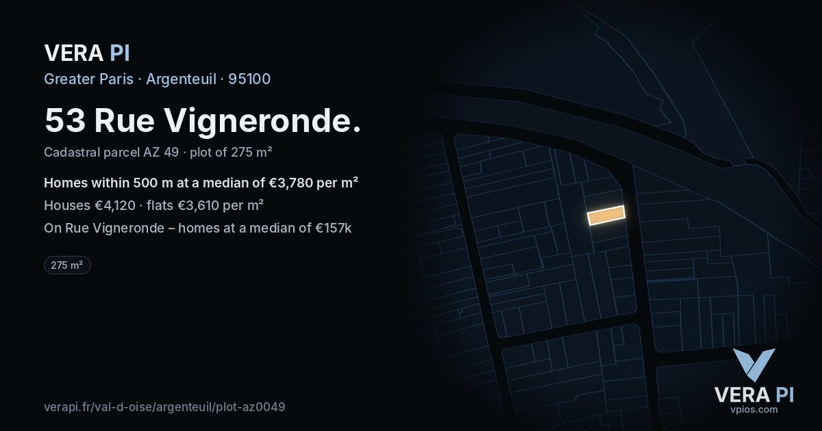 53 Rue Vigneronde, Argenteuil at night – the plot lit, the parcels around coloured by the prices near them