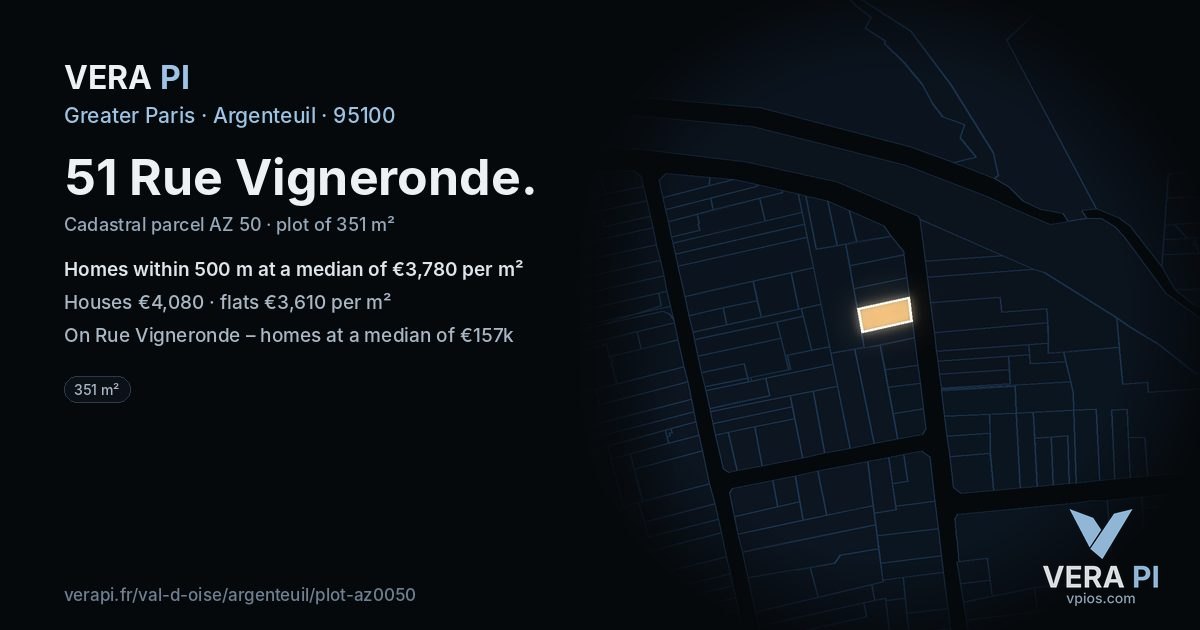 51 Rue Vigneronde, Argenteuil at night – the plot lit, the parcels around coloured by the prices near them