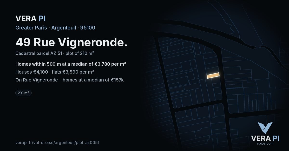 49 Rue Vigneronde, Argenteuil at night – the plot lit, the parcels around coloured by the prices near them
