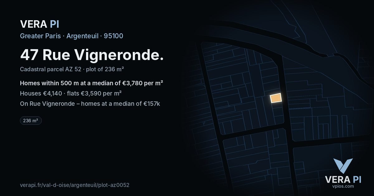 47 Rue Vigneronde, Argenteuil at night – the plot lit, the parcels around coloured by the prices near them