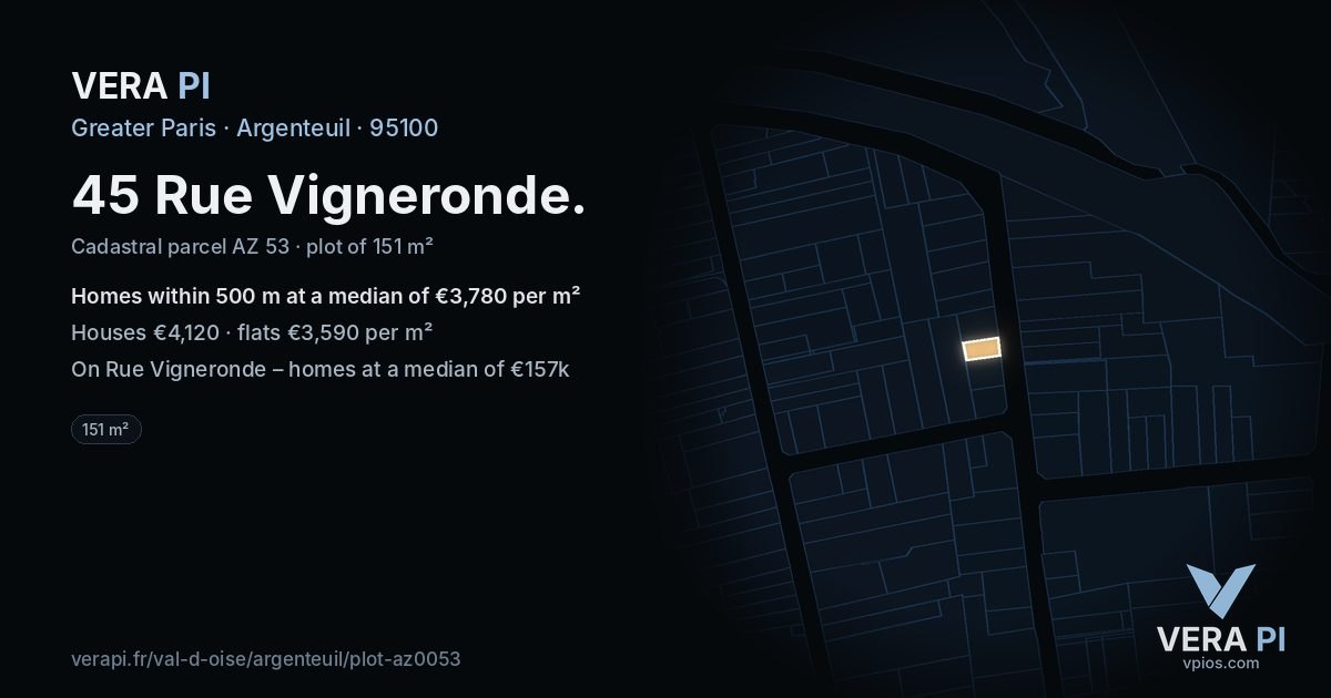 45 Rue Vigneronde, Argenteuil at night – the plot lit, the parcels around coloured by the prices near them