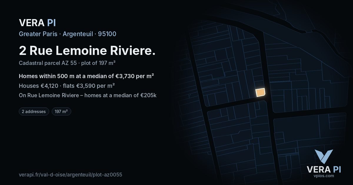 2 Rue Lemoine Riviere, Argenteuil at night – the plot lit, the parcels around coloured by the prices near them