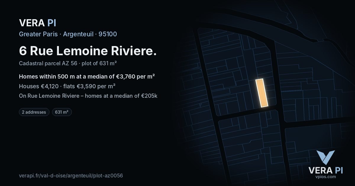 6 Rue Lemoine Riviere, Argenteuil at night – the plot lit, the parcels around coloured by the prices near them