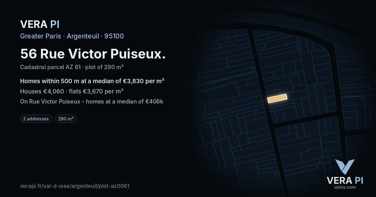 56 Rue Victor Puiseux, Argenteuil at night – the plot lit, the parcels around coloured by the prices near them