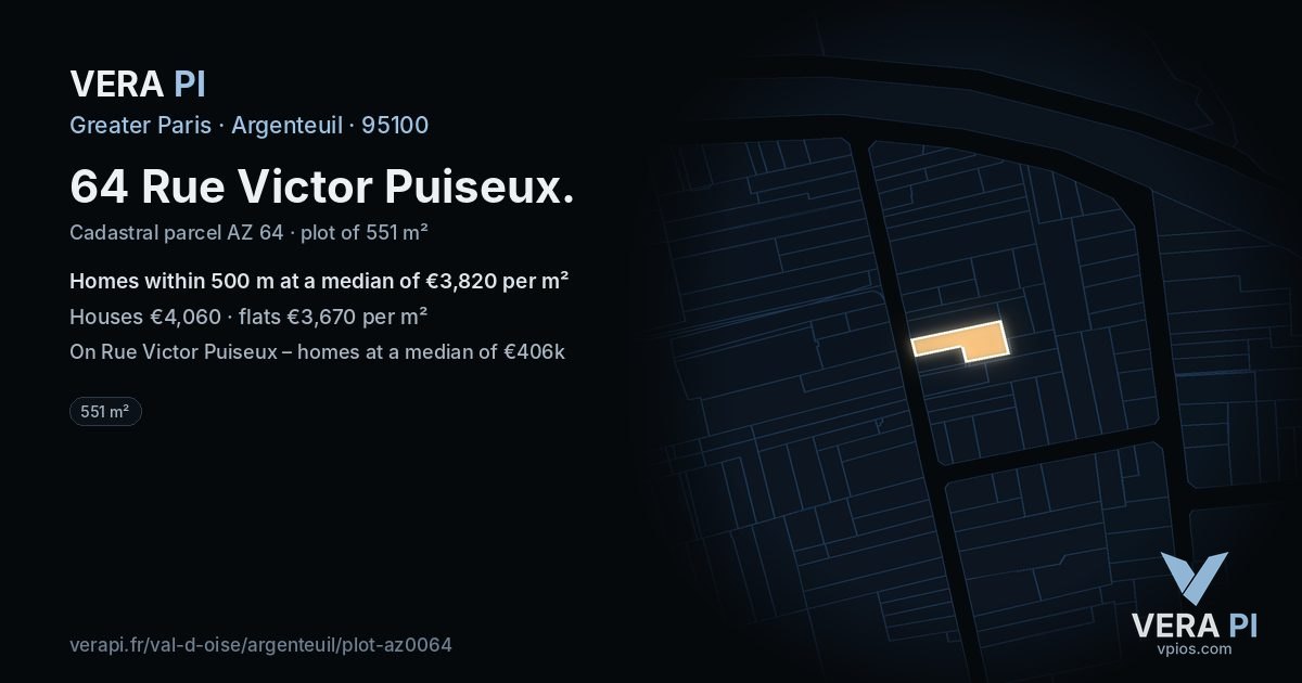 64 Rue Victor Puiseux, Argenteuil at night – the plot lit, the parcels around coloured by the prices near them