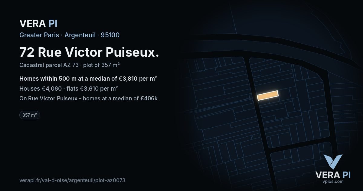 72 Rue Victor Puiseux, Argenteuil at night – the plot lit, the parcels around coloured by the prices near them