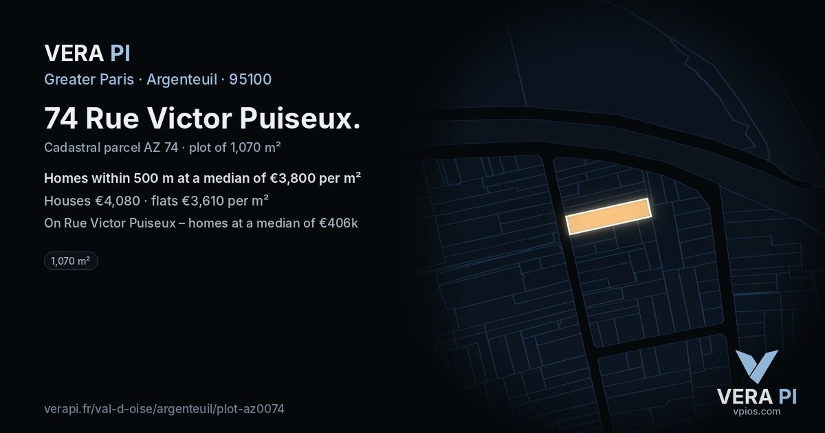 74 Rue Victor Puiseux, Argenteuil at night – the plot lit, the parcels around coloured by the prices near them