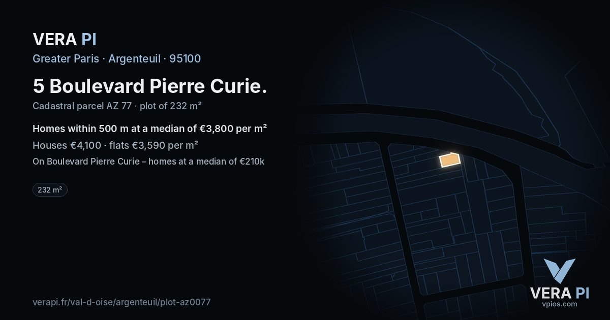 5 Boulevard Pierre Curie, Argenteuil at night – the plot lit, the parcels around coloured by the prices near them