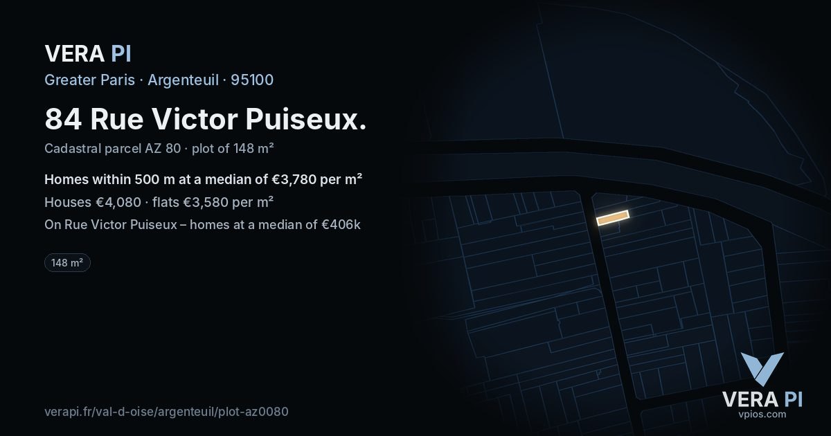 84 Rue Victor Puiseux, Argenteuil at night – the plot lit, the parcels around coloured by the prices near them