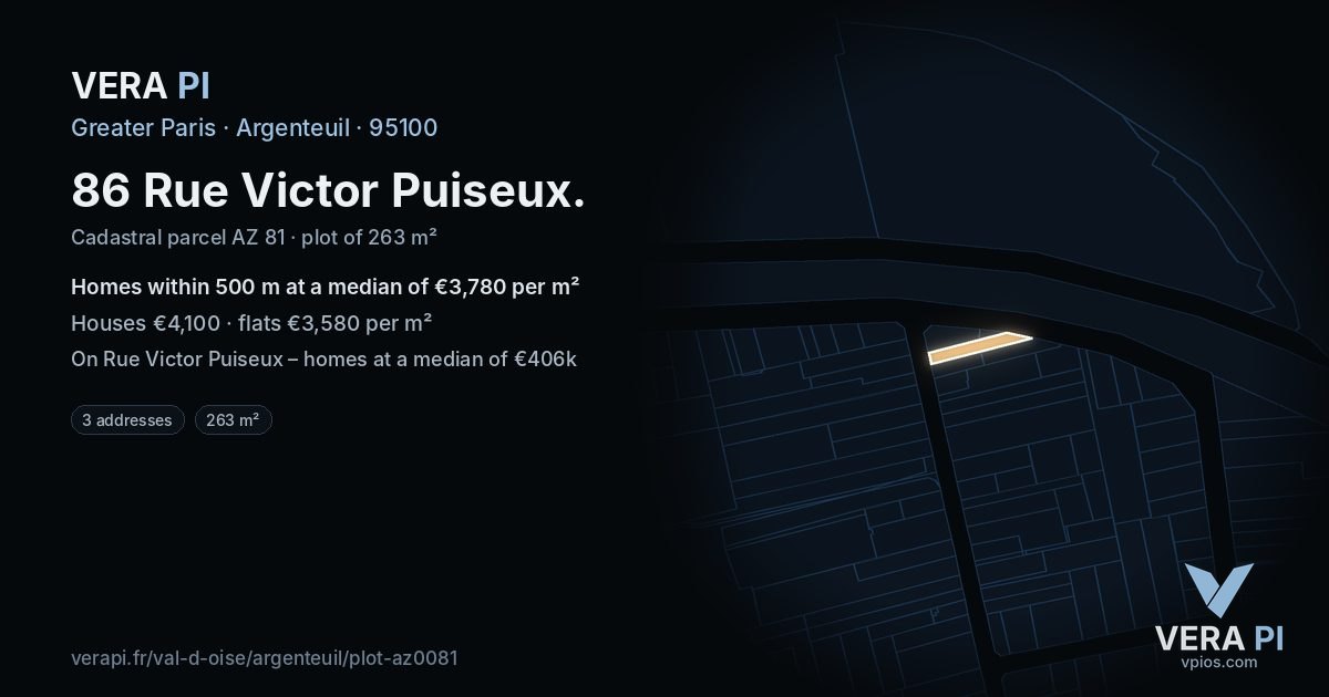 86 Rue Victor Puiseux, Argenteuil at night – the plot lit, the parcels around coloured by the prices near them