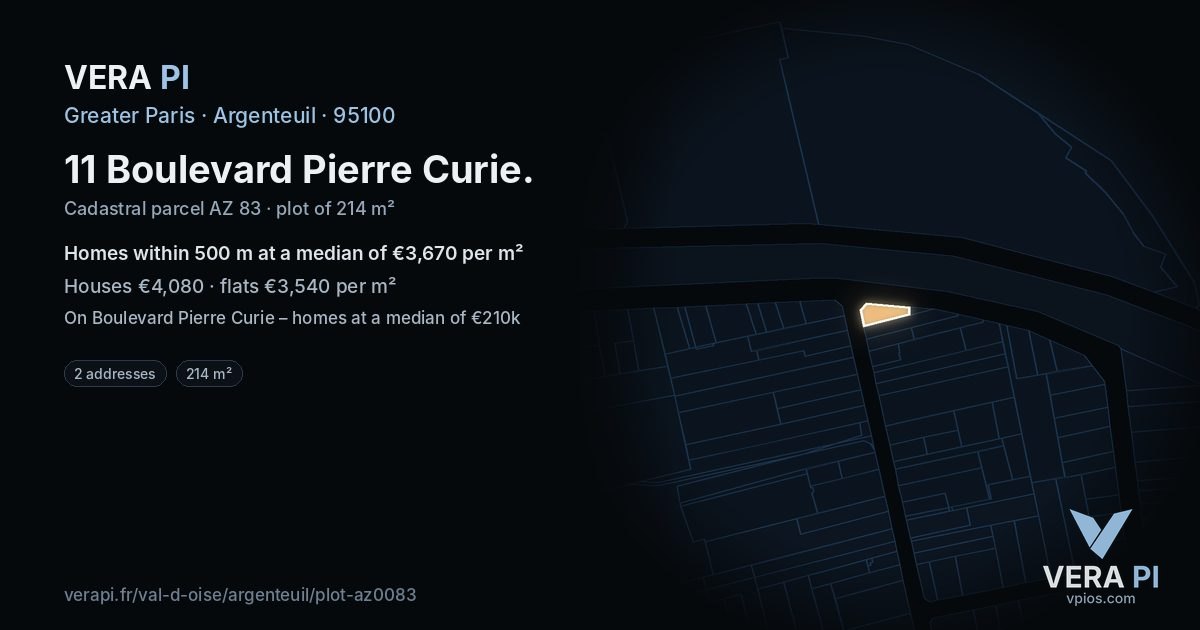 11 Boulevard Pierre Curie, Argenteuil at night – the plot lit, the parcels around coloured by the prices near them