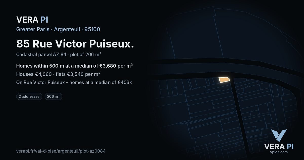 85 Rue Victor Puiseux, Argenteuil at night – the plot lit, the parcels around coloured by the prices near them