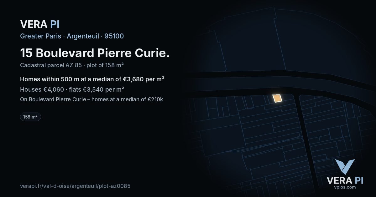 15 Boulevard Pierre Curie, Argenteuil at night – the plot lit, the parcels around coloured by the prices near them