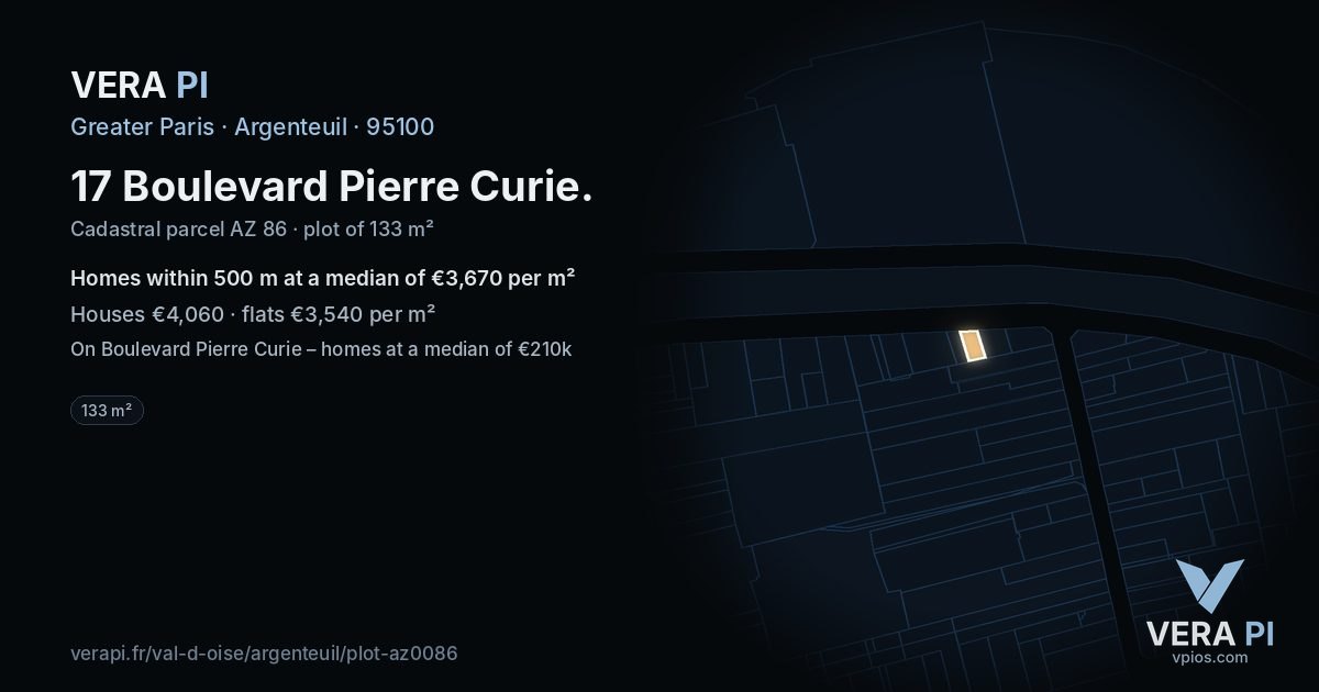 17 Boulevard Pierre Curie, Argenteuil at night – the plot lit, the parcels around coloured by the prices near them