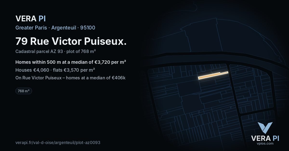79 Rue Victor Puiseux, Argenteuil at night – the plot lit, the parcels around coloured by the prices near them
