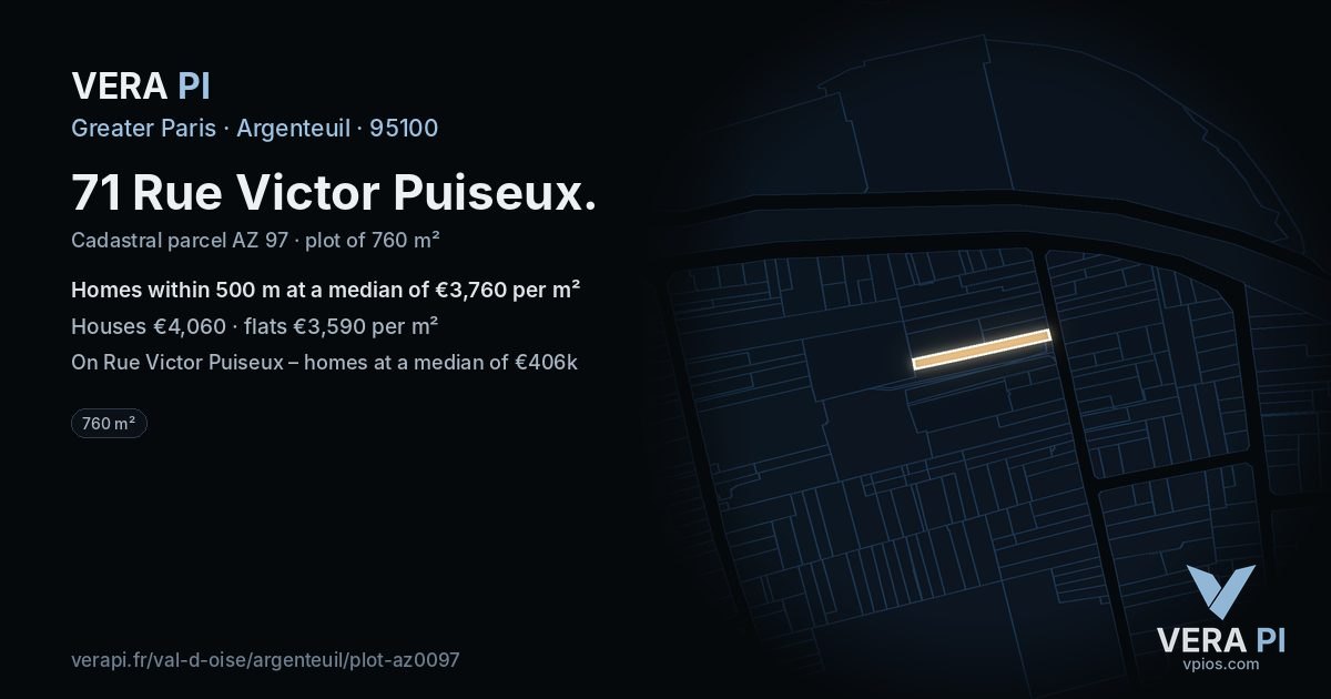 71 Rue Victor Puiseux, Argenteuil at night – the plot lit, the parcels around coloured by the prices near them