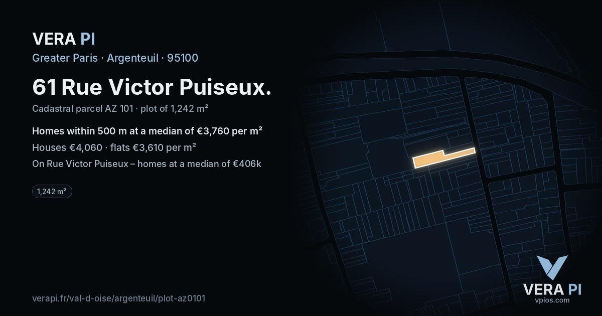 61 Rue Victor Puiseux, Argenteuil at night – the plot lit, the parcels around coloured by the prices near them