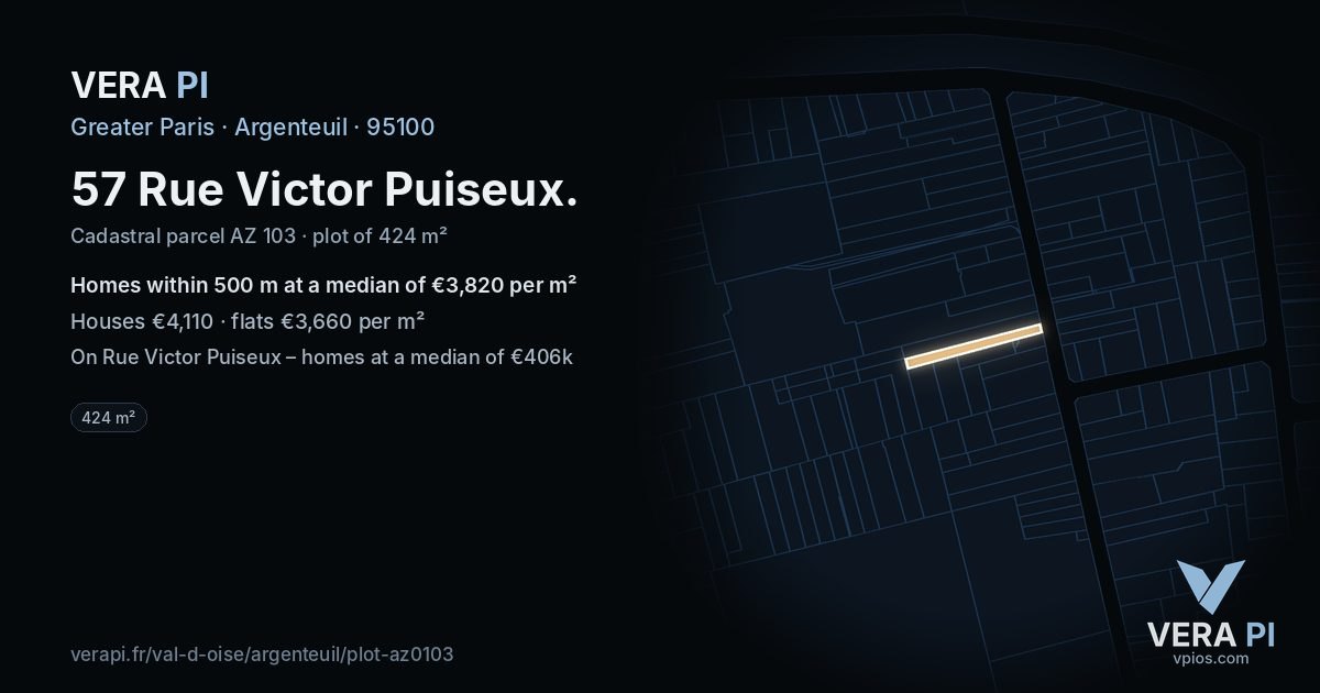 57 Rue Victor Puiseux, Argenteuil at night – the plot lit, the parcels around coloured by the prices near them