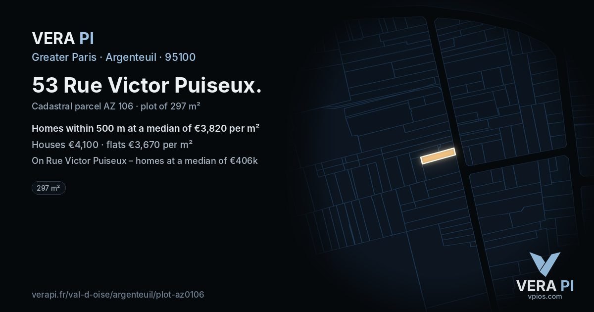 53 Rue Victor Puiseux, Argenteuil at night – the plot lit, the parcels around coloured by the prices near them