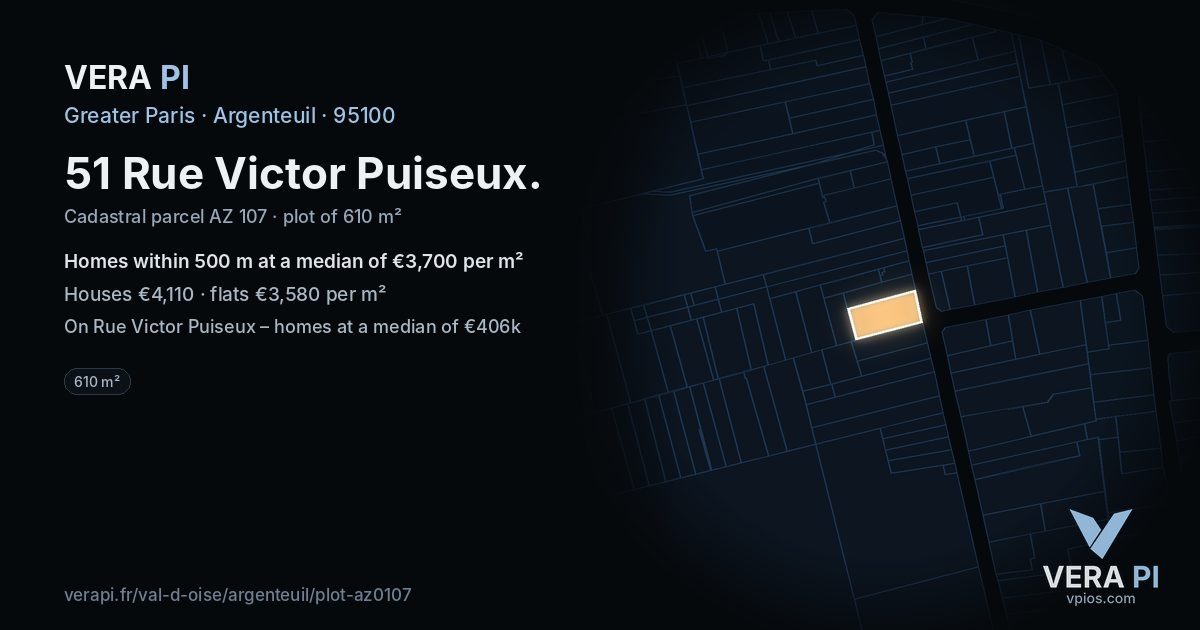 51 Rue Victor Puiseux, Argenteuil at night – the plot lit, the parcels around coloured by the prices near them