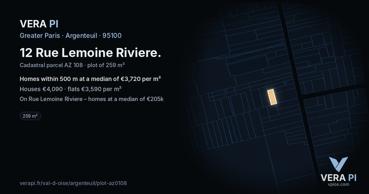 12 Rue Lemoine Riviere, Argenteuil at night – the plot lit, the parcels around coloured by the prices near them