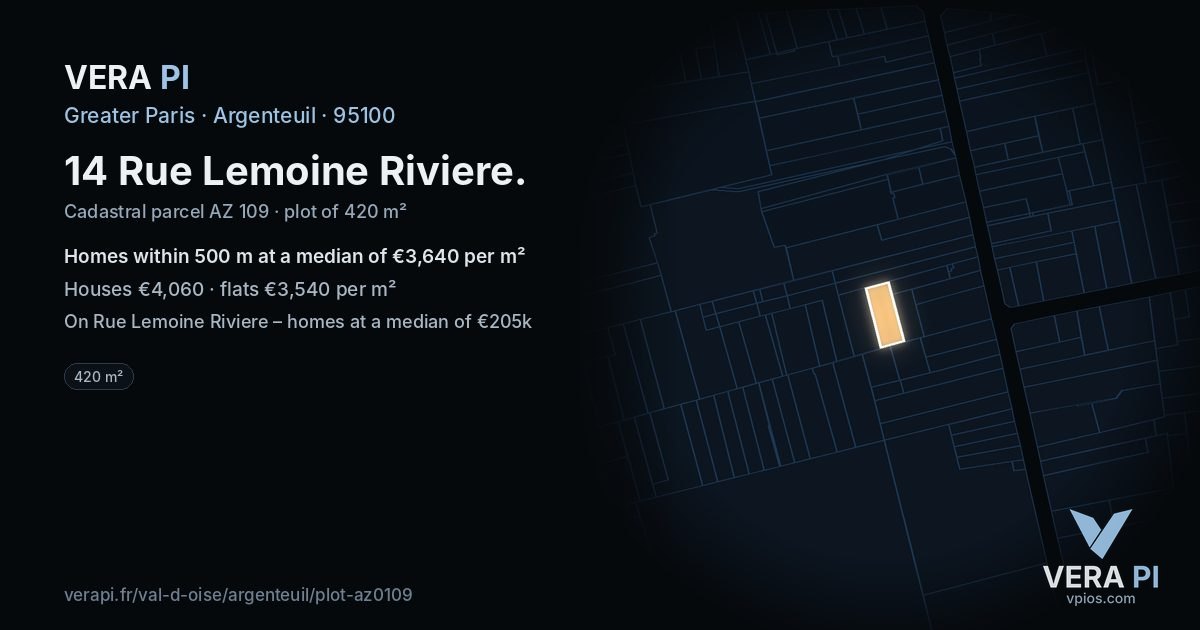 14 Rue Lemoine Riviere, Argenteuil at night – the plot lit, the parcels around coloured by the prices near them