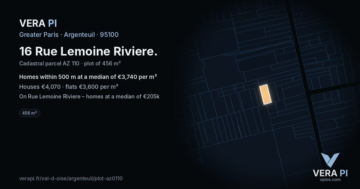 16 Rue Lemoine Riviere, Argenteuil at night – the plot lit, the parcels around coloured by the prices near them
