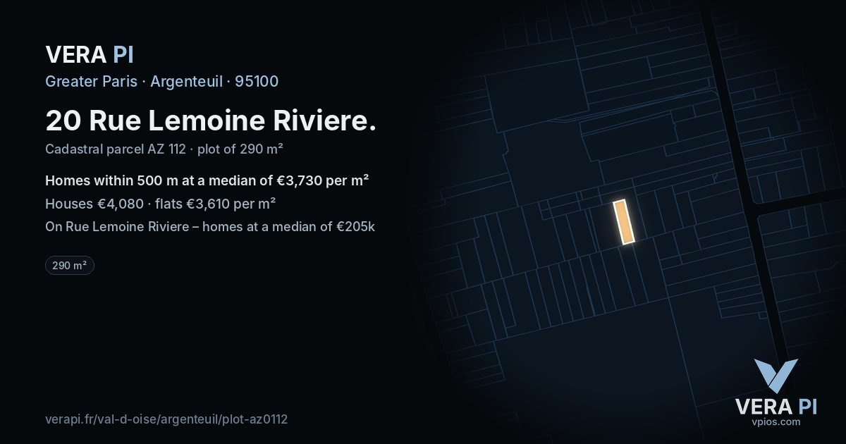 20 Rue Lemoine Riviere, Argenteuil at night – the plot lit, the parcels around coloured by the prices near them